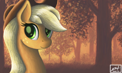 Size: 854x512 | Tagged: safe, artist:dreamyskies, applejack, earth pony, pony, bust, complex background, evening, female, forest, looking at you, mane six, mare, portrait, scenery, smiling, solo