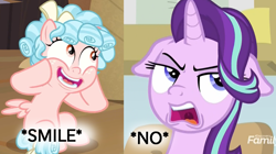 Size: 1200x670 | Tagged: safe, edit, edited screencap, screencap, cozy glow, starlight glimmer, pegasus, pony, unicorn, the summer sun setback, bow, cozy glow is best facemaker, cozybetes, cropped, cute, dialogue, discovery family logo, duo, duo female, episode needed, female, filly, floppy ears, hair bow, mare, open mouth, smiling, spread wings, teeth, wings