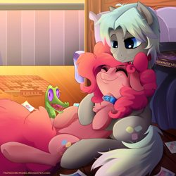 Size: 900x900 | Tagged: safe, artist:thenornonthego, gummy, pinkie pie, oc, oc:merry mint, earth pony, pony, bed, bedroom, bedroom eyes, canon x oc, collar, cute, diapinkes, floppy ears, pet, shipping, snuggling