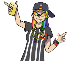 Size: 1280x1024 | Tagged: safe, artist:lunawoonanight, derpibooru import, rainbow dash, human, brazilian fashion, cap, cute, dashabetes, drink, ear piercing, hat, human coloration, humanized, piercing, simple background, solo, sunglasses, white background