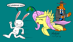 Size: 879x506 | Tagged: safe, artist:pheeph, fluttershy, pegasus, pony, chase, cookie, crossover, mistletoe, sam and max