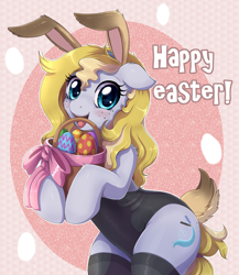 Size: 2000x2300 | Tagged: safe, artist:evomanaphy, oc, oc only, oc:evo, earth pony, pony, basket, bunny ears, bunny suit, clothes, cute, easter, easter basket, easter egg, female, floppy ears, freckles, holiday, leotard, looking at you, mare, open mouth, smiling, stockings, thigh highs