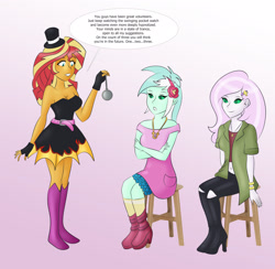 Size: 2389x2333 | Tagged: safe, artist:tigerssunshyn, derpibooru import, fleur-de-lis, lyra heartstrings, sunset shimmer, equestria girls, belly button, boots, bracelet, clothes, hat, hypnosis, hypnotist, hypnotized, jewelry, meme, midriff, necklace, pendulum swing, pocket watch, sexy, shoes, sitting, sitting lyra, smiling, solo, stool, swirly eyes, top hat