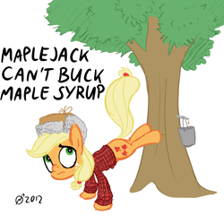 Size: 1000x1000 | Tagged: safe, artist:elslowmo, applejack, earth pony, pony, bucking, canada, clothes, hat, maple syrup, pun, shirt, tree, ushanka