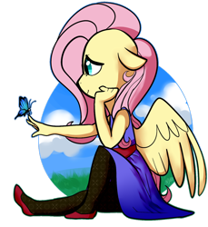 Size: 1024x1119 | Tagged: safe, artist:chandelurres, fluttershy, anthro, butterfly, clothes, dress, solo