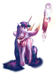 Size: 1482x1926 | Tagged: safe, artist:etiluos, derpibooru import, twilight sparkle, twilight sparkle (alicorn), alicorn, owl, pony, aether, clothes, colored wings, curved horn, cutie mark, ethereal mane, female, gradient wings, horn, leonine tail, magic, mare, older, simple background, solo, starbound, white background, wings