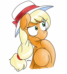 Size: 692x768 | Tagged: safe, artist:claireannecarr, applejack, earth pony, pony, accessory swap, hat, simple background, solo, unsure, white background