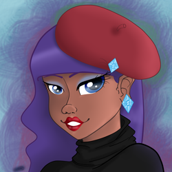 Size: 4000x4000 | Tagged: safe, artist:malrai, rarity, human, absurd resolution, beatnik rarity, beret, chocolarity, clothes, dark skin, hat, humanized, solo