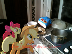 Size: 2048x1536 | Tagged: safe, artist:connorsparda, artist:krazoa157, artist:sakatagintoki117, apple bloom, applejack, cooking, irl, kitchen, oatmeal, photo, ponies in real life, pot, stove, vector