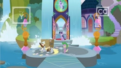 Size: 1674x940 | Tagged: safe, screencap, derpy hooves, spike, twilight sparkle, twilight sparkle (alicorn), alicorn, dragon, the point of no return, box, letter, school of friendship, water, waterfall