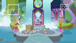 Size: 1920x1080 | Tagged: safe, screencap, derpy hooves, spike, twilight sparkle, twilight sparkle (alicorn), alicorn, dragon, the point of no return, box, discovery family logo, letter, school of friendship, water, waterfall