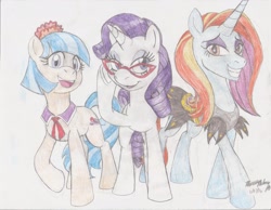 Size: 2195x1700 | Tagged: safe, artist:semijuggalo, coco pommel, rarity, sassy saddles, earth pony, pony, unicorn, clothes, female, glasses, grin, mare, simple background, smiling, traditional art