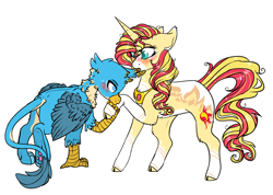 Size: 2665x1901 | Tagged: safe, artist:dashkatortik12222222, gallus, sunset shimmer, griffon, pony, unicorn, alternate design, blushing, crack shipping, female, fiery shimmer, gallmmer, kissing hoof, male, mare, pale belly, shipping