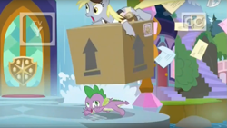 Size: 1635x919 | Tagged: safe, screencap, derpy hooves, spike, dragon, the point of no return, box, carrying, imminent pain, letter, mail, school of friendship, waterfall