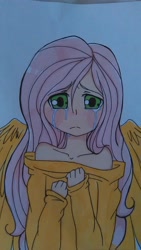 Size: 1440x2560 | Tagged: safe, artist:superpony25, fluttershy, human, clothes, crying, humanized, off shoulder, solo, winged humanization