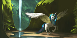 Size: 1264x632 | Tagged: safe, artist:auroriia, princess celestia, alicorn, pony, river, solo, stream, waterfall