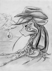 Size: 727x1000 | Tagged: safe, artist:blindcoyote, applejack, earth pony, pony, monochrome, solo, traditional art