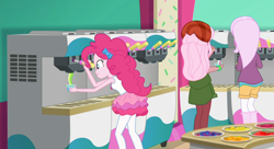 Size: 1756x956 | Tagged: safe, derpibooru import, screencap, fleur-de-lis, pinkie pie, raspberry lilac, better together, choose your own ending, equestria girls, tip toppings, bandana, clothes, cropped, cup, cute, diapinkes, female, food, froyo, frozen yogurt, frozen yogurt machine, frozen yogurt shop, kneesocks, pantyhose, pink hair, shorts, skirt, socks, toppings