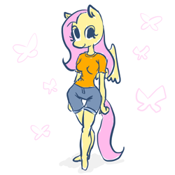 Size: 2200x2200 | Tagged: safe, artist:saltycube, fluttershy, anthro, pegasus, plantigrade anthro, clothes, female, full body, shirt, shorts, simple background, smiling, solo, t-shirt, thigh gap, white background, wide hips, wings