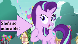 Size: 1280x720 | Tagged: safe, edit, edited screencap, screencap, starlight glimmer, pony, unicorn, triple threat, arrow, balloon, cute, female, glimmerbetes, mare, open mouth, ponyville, raised hoof, solo, text