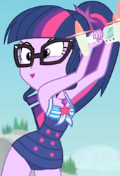 Size: 623x915 | Tagged: safe, screencap, sci-twi, twilight sparkle, better together, equestria girls, forgotten friendship, clothes, cloud, cropped, cute, drone, female, geode of telekinesis, glasses, jewelry, legs, magical geodes, necklace, outdoors, ponytail, sky, sleeveless, smiling, solo, swimsuit, tree, twiabetes, wide hips