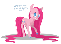 Size: 1280x923 | Tagged: safe, artist:jellybeanbullet, pinkie pie, earth pony, pony, angry, colored hooves, dialogue, eyelashes, growling, long mane, looking at you, pinkamena diane pie, solo, talking to viewer, vulgar