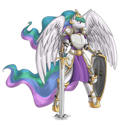 Size: 1000x986 | Tagged: safe, artist:thekuto, princess celestia, anthro, unguligrade anthro, armor, fantasy class, frown, glare, knight, shield, simple background, solo, spread wings, sword, transparent background, warrior, warrior celestia, weapon