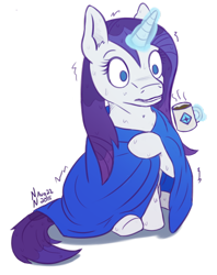 Size: 600x756 | Tagged: safe, artist:vetrina-271, rarity, pony, unicorn, blanket, cold, cup, female, levitation, magic, mare, shivering, simple background, solo, telekinesis, transparent background, wet, wide eyes