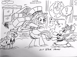 Size: 3694x2768 | Tagged: safe, artist:debmervin, apple bloom, scootaloo, snowfall frost, starlight glimmer, earth pony, pegasus, pony, unicorn, a hearth's warming tail, boxes, hearth's warming eve, monochrome, wreath