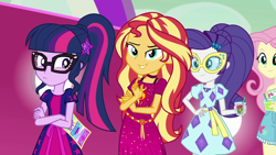 Size: 1920x1080 | Tagged: safe, screencap, fluttershy, rarity, sci-twi, sunset shimmer, twilight sparkle, better together, equestria girls, spring breakdown, beverage, drink, geode of empathy, geode of shielding, geode of telekinesis, kiwi fruit, magical geodes, ponytail, smiling, smirk, smug, straw, sunglasses, yacht