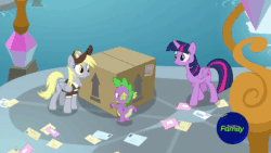 Size: 800x450 | Tagged: safe, screencap, derpy hooves, spike, twilight sparkle, twilight sparkle (alicorn), alicorn, dragon, pegasus, pony, the point of no return, animated, box, cute, depressed, derpabetes, flying, i must go, letter, mail, mailpony, mailpony uniform, school of friendship, smiling, water, waterfall, winged spike