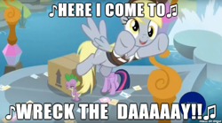 Size: 610x340 | Tagged: safe, edit, edited screencap, screencap, derpy hooves, spike, twilight sparkle, twilight sparkle (alicorn), alicorn, dragon, the point of no return, andy kaufman, box, caption, image macro, latter, liar liar, mail, mighty mouse, school of friendship, text, water, waterfall, winged spike