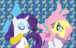 Size: 2560x1607 | Tagged: safe, artist:alicehumansacrifice0, artist:frankrt, artist:kooner-cz, artist:ooklah, fluttershy, rarity, pegasus, pony, unicorn, female, flarity, lesbian, shipping, wallpaper