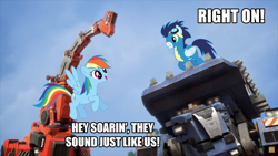 Size: 1920x1080 | Tagged: safe, derpibooru import, screencap, rainbow dash, soarin', pegasus, pony, ashleigh ball, dinotrux, exploitable meme, image macro, matt hill, meme, same voice actor, skya, ton-ton, voice actor joke