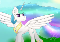 Size: 1024x731 | Tagged: safe, artist:nexcoyotlgt, princess celestia, alicorn, pony, female, horn, mare, multicolored mane, solo, walking, white coat