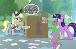 Size: 1088x704 | Tagged: safe, edit, edited screencap, screencap, derpy hooves, spike, twilight sparkle, twilight sparkle (alicorn), alicorn, dragon, g1, the point of no return, arrow, box, cropped, dialogue, envelope, g1 to g4, generation leap, hat, implied crackle pop, implied fizzy, letter, mail, mailmare hat, mailpony uniform, parcel, speech bubble, tree, waterfall, winged spike