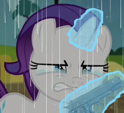 Size: 572x521 | Tagged: safe, edit, edited screencap, screencap, rarity, pony, unicorn, the cart before the ponies, crying, filly, filly rarity, gun, handgun, levitation, m1911, magic, rain, reaction image, solo, telekinesis, weapon