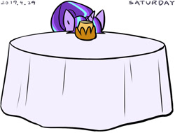 Size: 690x525 | Tagged: safe, artist:tangankittentail, starlight glimmer, pony, unicorn, amending fences, candle, face not visible, female, hiding, implied starlight glimmer, mare, pixiv, s5 starlight, scene interpretation, simple background, solo, starlight stalker, table, white background