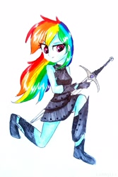 Size: 1959x2938 | Tagged: safe, artist:liaaqila, derpibooru import, rainbow dash, equestria girls, clothes, fantasy class, rogue, simple background, sleeveless, solo, sword, traditional art, weapon, white background