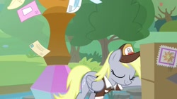 Size: 1920x1080 | Tagged: safe, screencap, derpy hooves, pegasus, pony, the point of no return, box, clothes, eyes closed, female, hat, letter, mail, mailmare hat, mare, package, shirt, solo