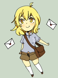 Size: 300x400 | Tagged: safe, artist:tsumamori, derpy hooves, human, chibi, cute, derpabetes, envelope, female, full body, gray background, humanized, letter, satchel, simple background, solo