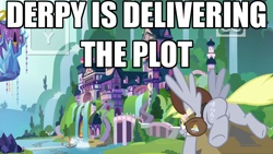 Size: 1024x576 | Tagged: safe, edit, edited screencap, screencap, derpy hooves, the point of no return, arrow, box, bubble butt, caption, female, joke, mailmare, meme, plot, pun, school of friendship, solo, text, this side up, waterfall