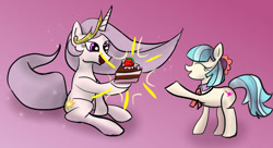 Size: 1000x543 | Tagged: safe, artist:xbi, derpibooru exclusive, coco pommel, princess celestia, alicorn, pony, cake, food, princess molestia