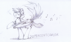 Size: 1280x760 | Tagged: safe, artist:glacierponi, derpibooru import, rainbow dash, pegasus, pony, 20% cooler, eyes closed, headphones, monochrome, music notes, sketch, solo, traditional art