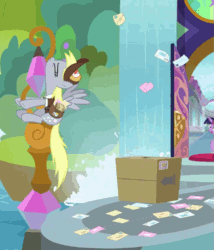 Size: 683x797 | Tagged: safe, screencap, derpy hooves, twilight sparkle, twilight sparkle (alicorn), alicorn, pony, the point of no return, animated, box, letter, mail, waterfall