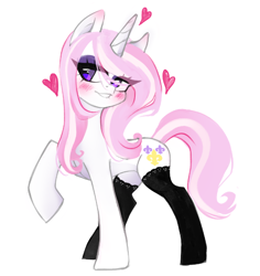 Size: 636x673 | Tagged: safe, artist:techycutie, derpibooru import, fleur-de-lis, pony, unicorn, adorasexy, beautiful, beautisexy, bedroom eyes, blushing, clothes, cute, eyeshadow, female, fleurabetes, floating heart, heart, lip bite, makeup, mare, raised hoof, sexy, simple background, socks, solo, stockings, thigh highs, white background