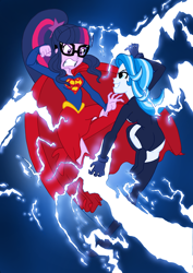 Size: 2120x3000 | Tagged: safe, artist:edcom02, artist:jmkplover, sci-twi, starlight glimmer, twilight sparkle, equestria girls, angry, crossover, dc comics, duo, female, fight, glasses, lightning, livewire, ponytail, supergirl