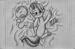 Size: 1106x723 | Tagged: safe, artist:fadlihalimns, starlight glimmer, pony, unicorn, bed, bedroom eyes, cellphone, cute, female, frog (hoof), headphones, lined paper, lip bite, looking at you, mare, monochrome, on back, on bed, phone, smartphone, solo, traditional art, underhoof