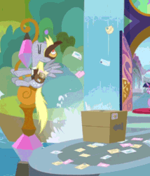 Size: 682x796 | Tagged: safe, edit, edited screencap, editor:sponandi, screencap, derpy hooves, twilight sparkle, twilight sparkle (alicorn), alicorn, pony, the point of no return, animated, behaving like a cat, box, cropped, gif, letter, loop, mail, reversed, slide, solo focus, waterfall