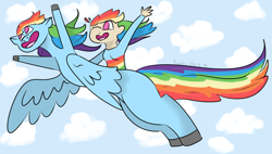 Size: 1350x768 | Tagged: safe, artist:riioleu, derpibooru import, rainbow dash, human, pony, flying, reverse